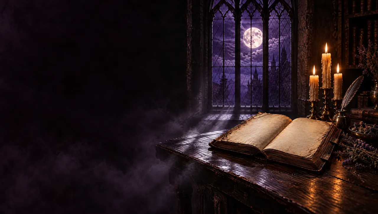 An open grimoire on a dark wooden desk, lit by three tall candles, before a gothic window where a full moon hangs over distant spires.