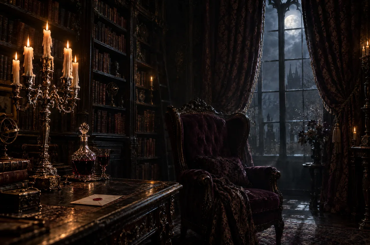 A candlelit gothic study: a velvet wingback chair, shelves of old books, a candelabra and a decanter of wine, with a full moon through the tall window.